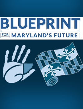   Graphic Headlining Blueprint for MD Future containing blue hand print and blue MD state flag